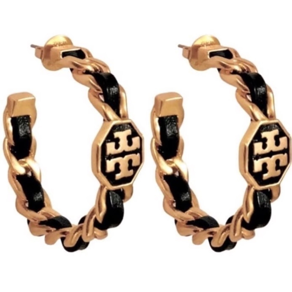 Tory Burch black and gold Marion woven hoops earrings - Picture 5 of 5